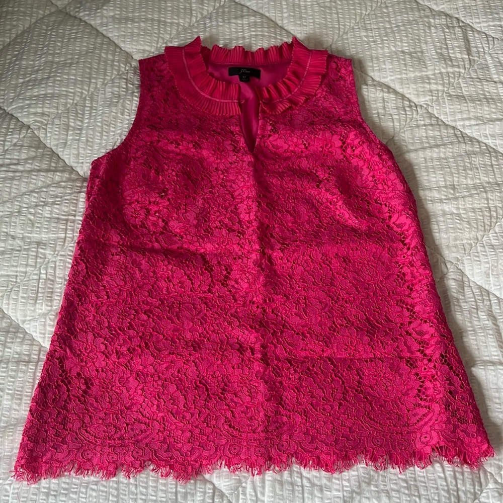 J Crew Pink Lace Ruffle Neck Top